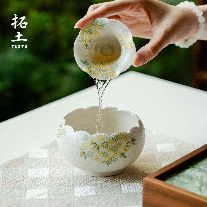 拓土陶瓷岩矿白纯手绘小雏菊建水茶洗新中式家用茶水缸茶道零配件