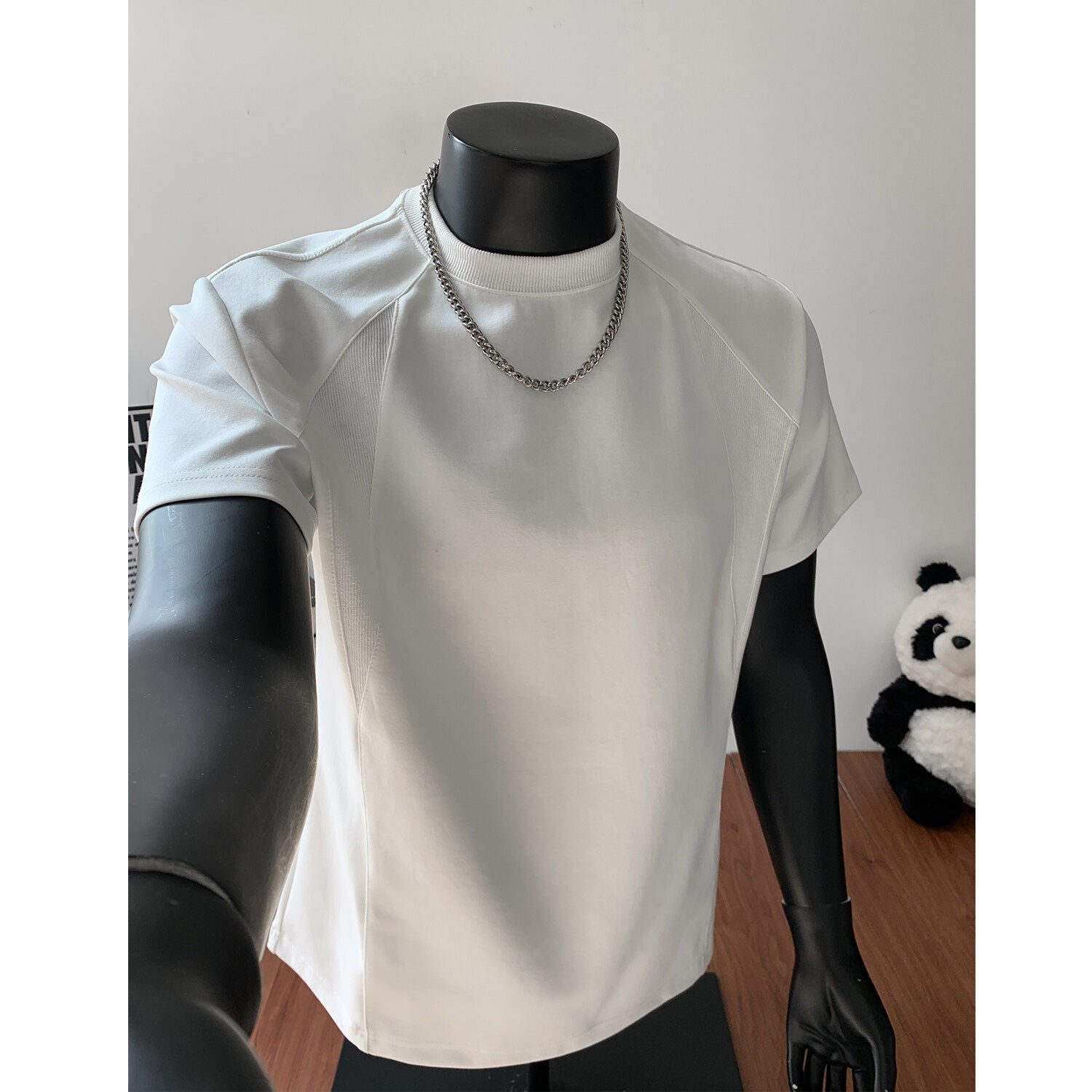 原版夏季新款男士重磅正肩美式短袖T恤小领螺纹拼接T恤大码青少年