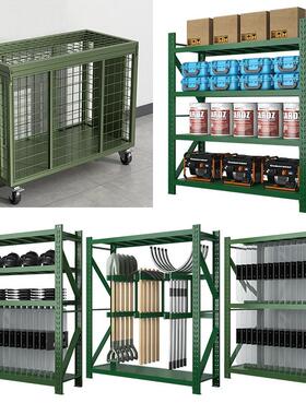 武装部货架军绿色移动货架铁锹铁镐农具盾牌摆放架应急物资货架