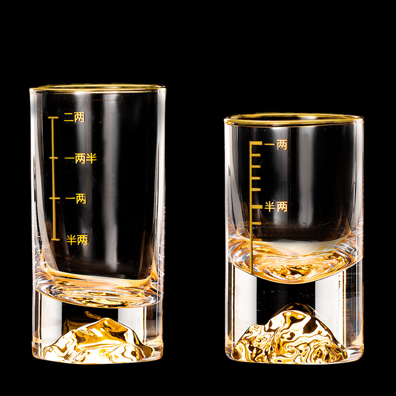 高档金箔家用二两白酒杯套装水晶玻璃一两刻度烈酒杯子弹杯带杯架图片