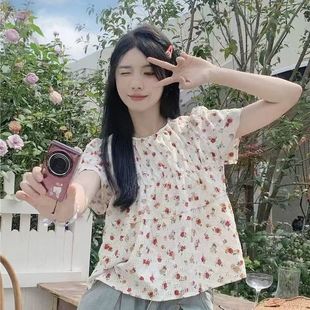 上衣女夏季 短袖 2025新款 泡泡袖 別致掐腰娃娃小衫 襯衫 碎花短款 法式