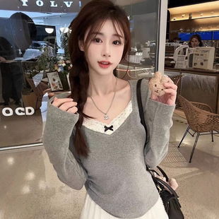 蕾丝拼接磨毛保暖打底衫长袖恤女秋冬灰色修身内搭加绒加厚上衣