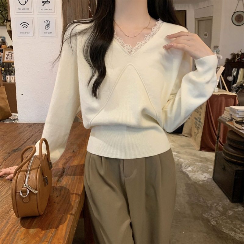温柔风V领蕾丝针织毛衣女春秋季别致内搭打底衫小个子长袖毛织衫,女装/女士精品,毛针织衫,淘宝优惠券,粉丝福利购,淘宝优惠卷