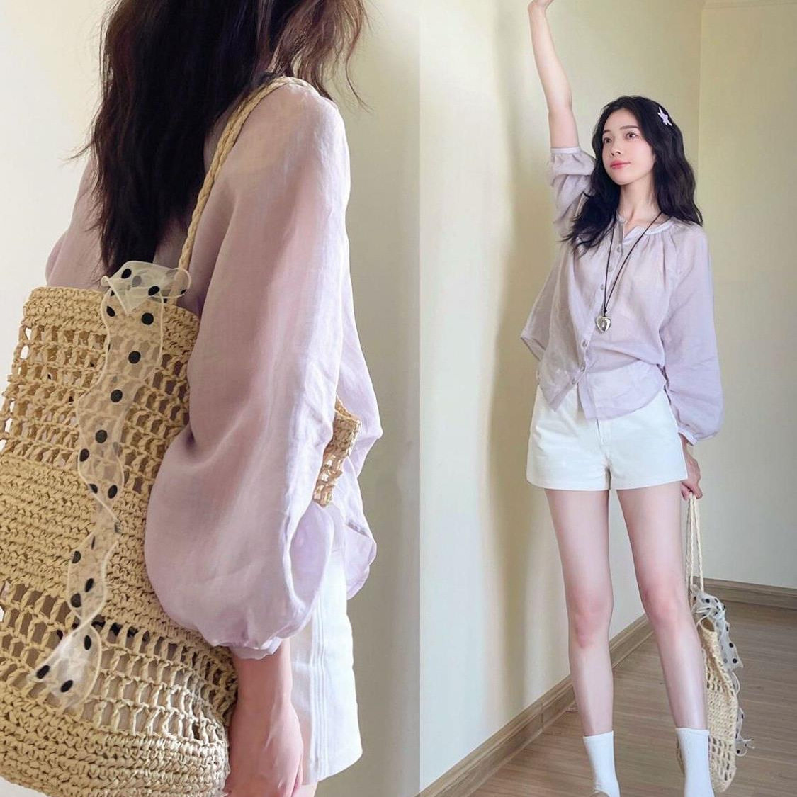 2026夏季薄款淡紫色雪纺衬衫女小个子宽松遮肉长袖衬衣外穿防晒衫