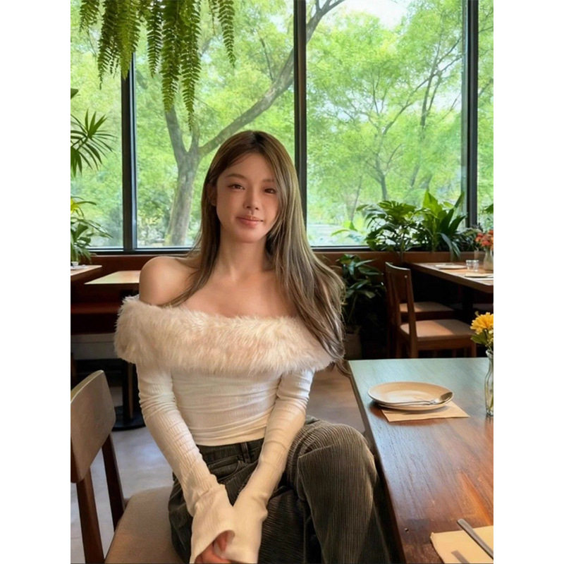 原版做法原版质量 毛毛拼接一字肩长袖女冬季设计感辣妹修身上衣,女装/女士精品,毛衣,淘宝优惠券,粉丝福利购,淘宝优惠卷