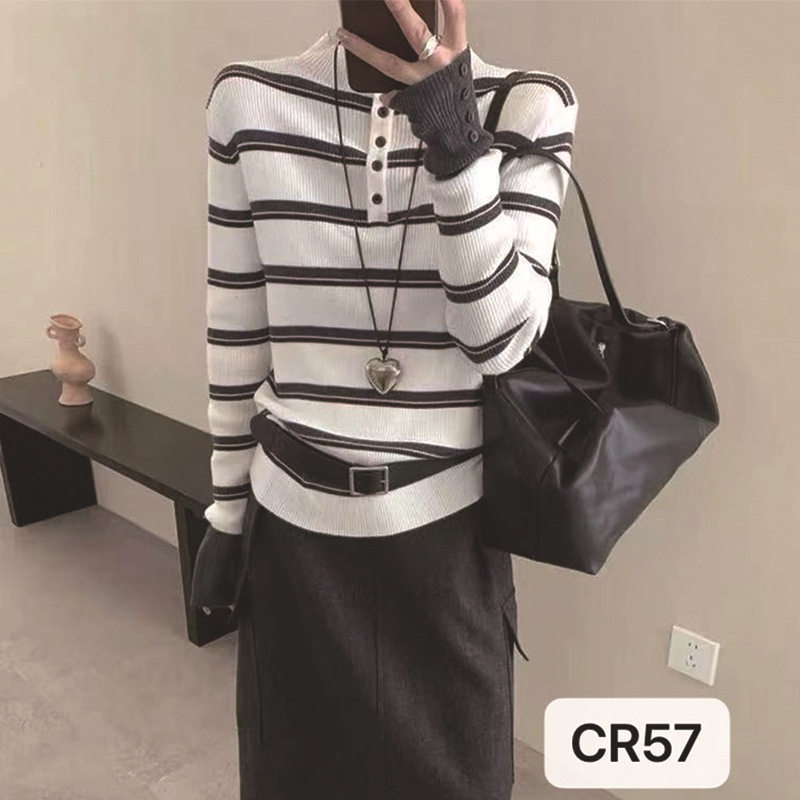 撞色条纹纽扣长袖女秋冬季修身气质毛衣打底内搭针织衫设计感上衣,女装/女士精品,毛衣,淘宝优惠券,粉丝福利购,淘宝优惠卷