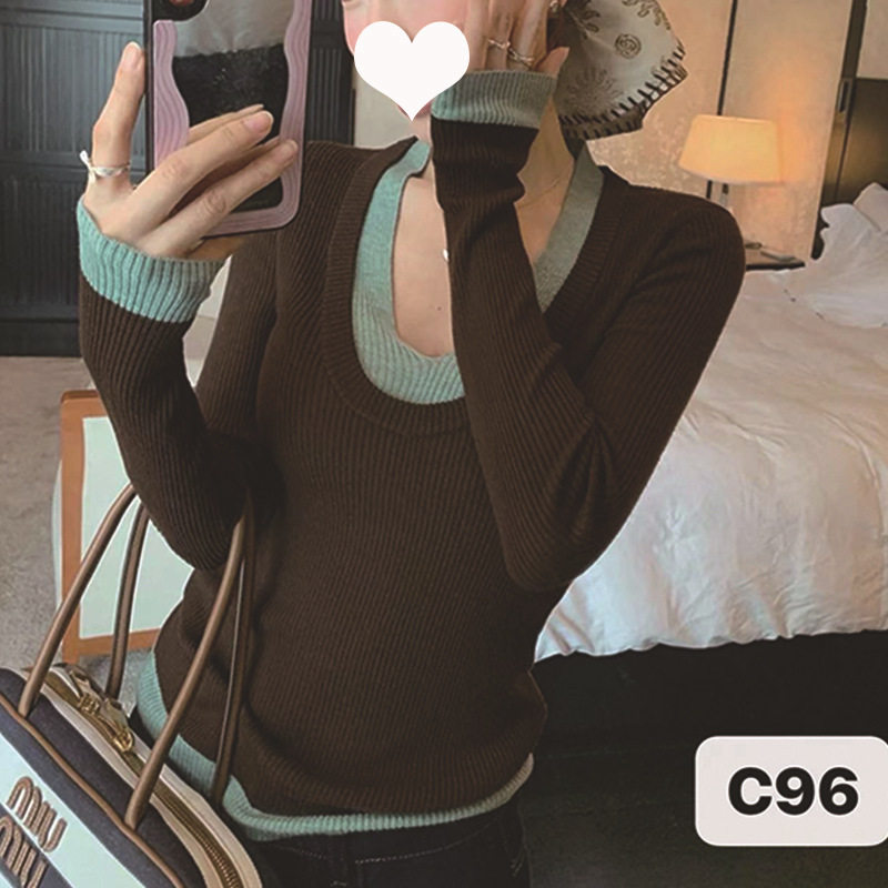 别致轻熟风u领假两件上衣针织衫女春秋季时髦修身毛衣内搭打底衫,女装/女士精品,毛针织衫,淘宝优惠券,粉丝福利购,淘宝优惠卷