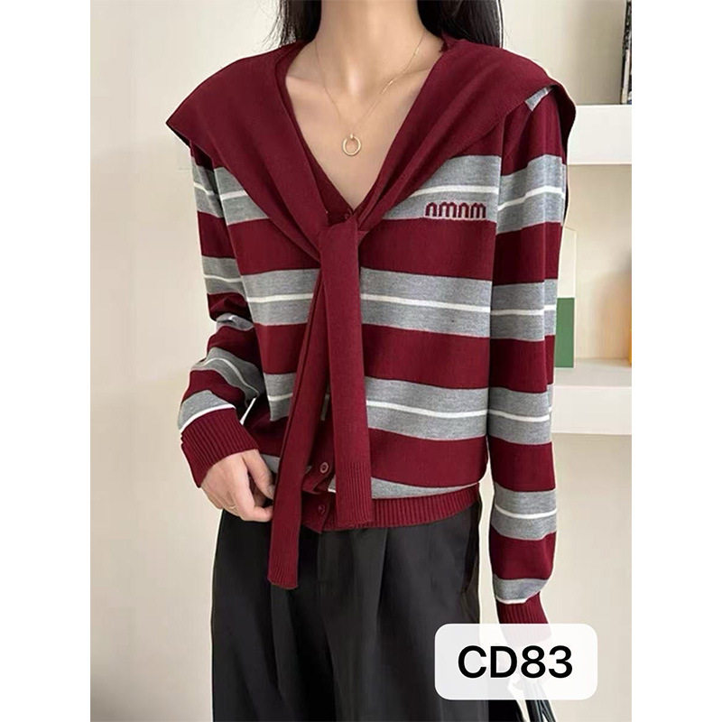 高级感V领条纹刺绣字母宽松休闲长袖披肩两件套女装毛衣针织开衫