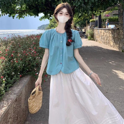 彩色扣子短袖上衣女夏2025新款