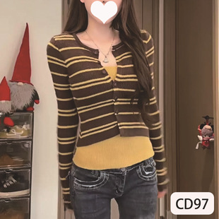 复古撞色条纹假两件针织衫毛衣女秋冬韩版时尚通勤百搭打底衫上衣