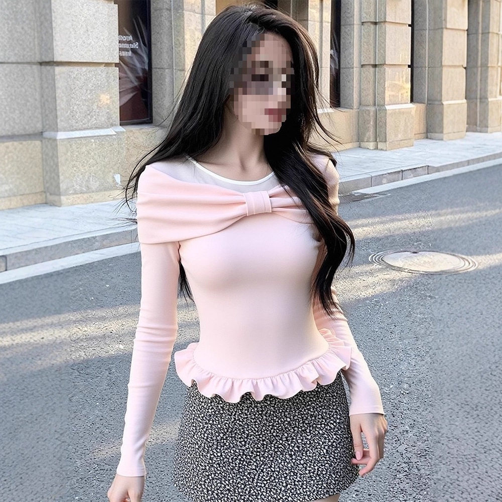 结甜美边美式长袖恤女上衣木耳边打底衫修身显瘦假两件粉色,女装/女士精品,T恤,淘宝优惠券,粉丝福利购,淘宝优惠卷