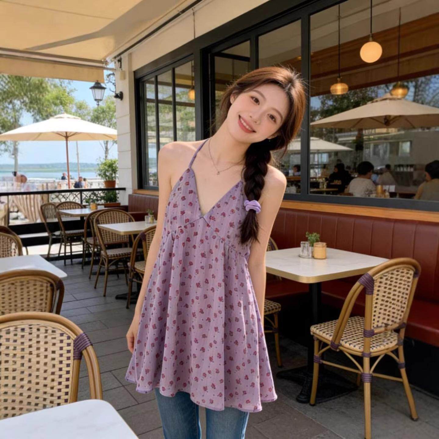 法式紫色碎花V领挂脖吊带背心小