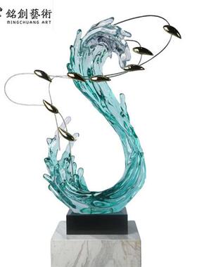 创意铂晶轻奢游鱼浪花雕塑客厅玄关走廊样板房新中式艺术品摆件
