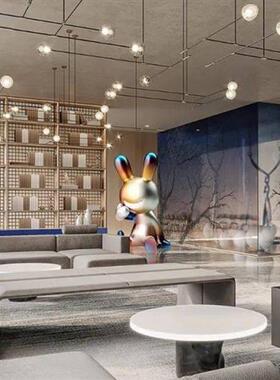 现代卡通玻璃钢兔子电镀雕塑摆件客厅家居装饰坐姿大型落地摆件