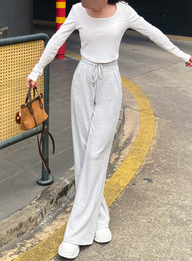 LARRMAIN美式辣妹运动高腰宽松阔腿裤微喇卫裤休闲裤女秋季灰色