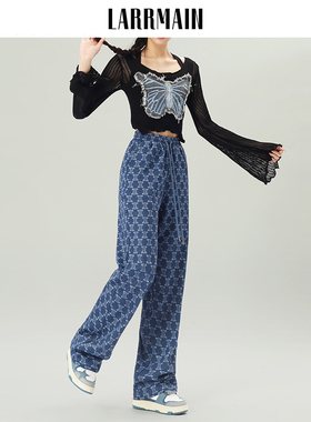 LARRMAIN高腰仿牛仔印花阔腿女抽绳秋款美式辣妹直筒运动休闲裤