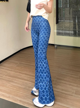 LARRMAIN仿牛仔印花高腰提臀运动裤女秋季款瑜伽裤蓝色瑜伽裤