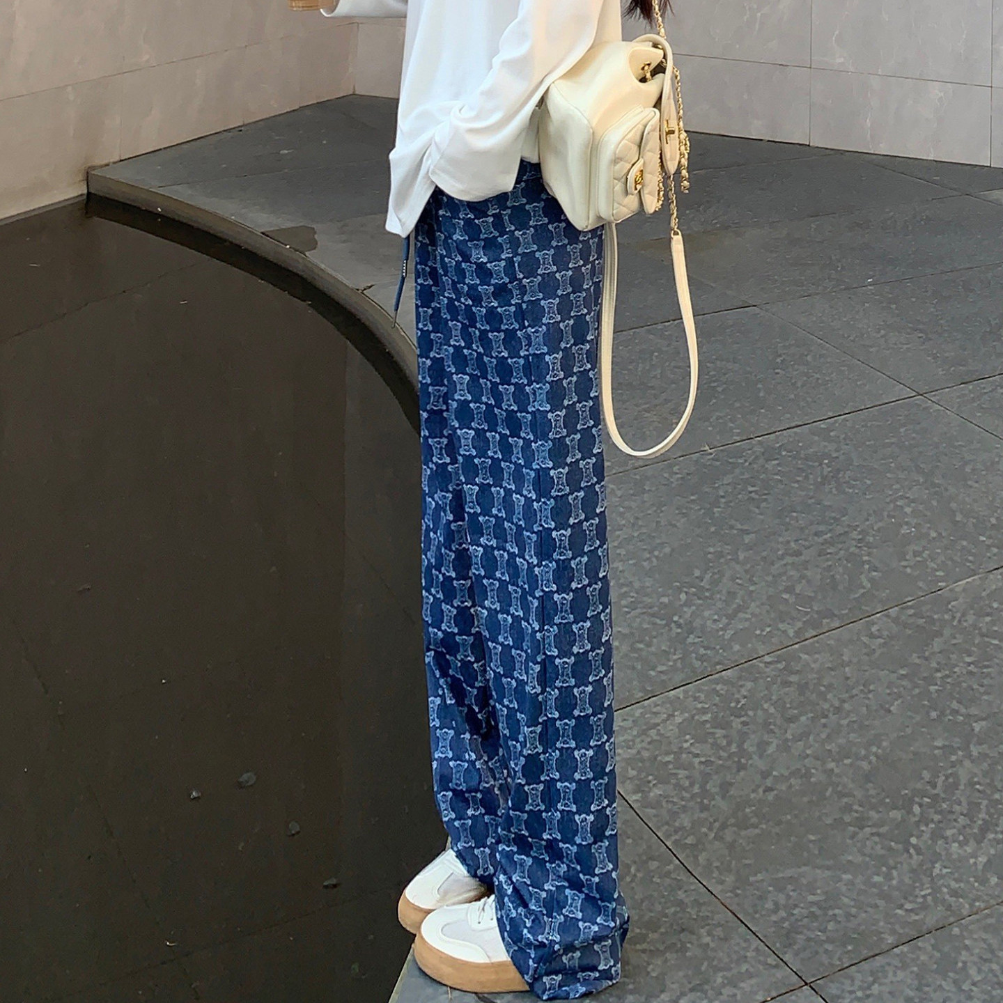 LARRMAIN高腰提臀蓝色仿牛仔纹绑带口袋直筒裤女款垂感阔腿长裤