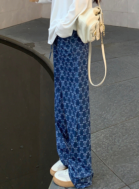 LARRMAIN高腰提臀蓝色仿牛仔纹绑带口袋直筒裤女款垂感阔腿长裤