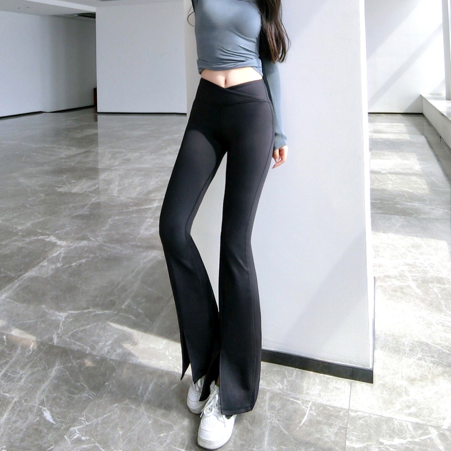 美式辣妹V腰显瘦前开叉休闲裤