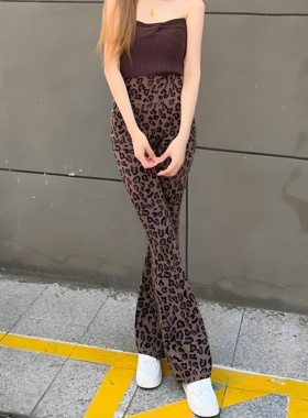 LARRMAIN高腰豹纹微喇瑜伽裤女外穿秋季薄款修身显瘦长裤