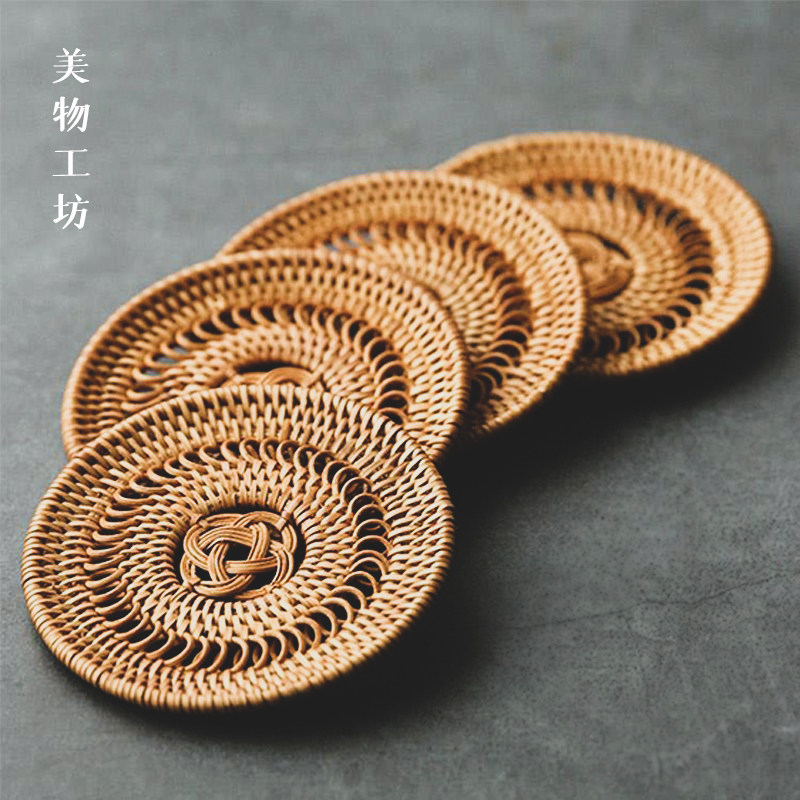 美物工坊藤编圆形防烫垫紫砂壶图片