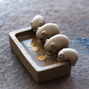 美物工坊茶宠可养紫砂茶宠物摆件变色四小猪喝水段泥丰衣足食宜兴