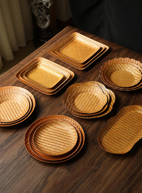 美物工坊竹编点心盘复古篮子手提篮手工编织桌面零食收纳篮野餐篮
