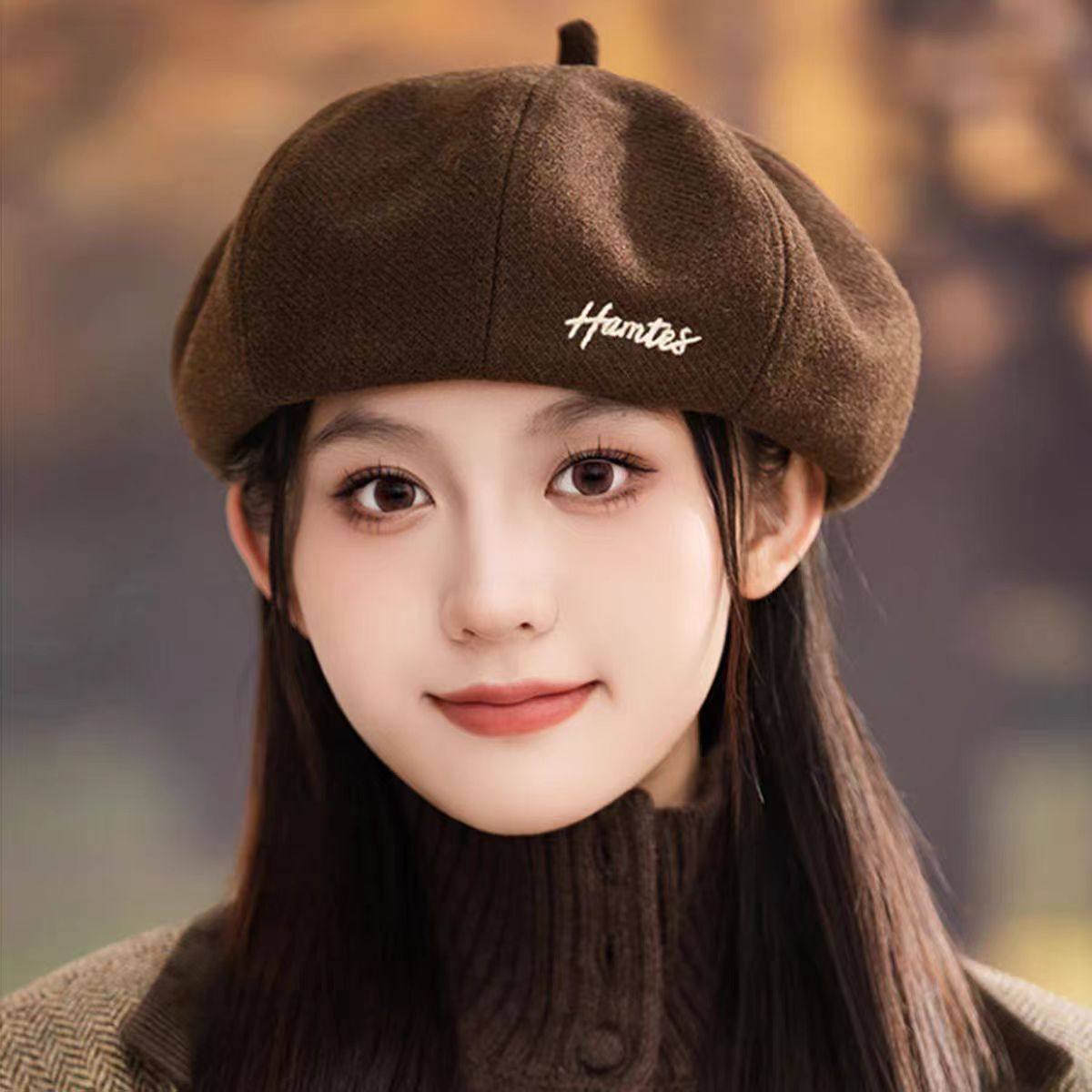 秋冬复古毛呢贝雷帽韩版简约字母刺绣南瓜帽八角帽百搭画家帽子女