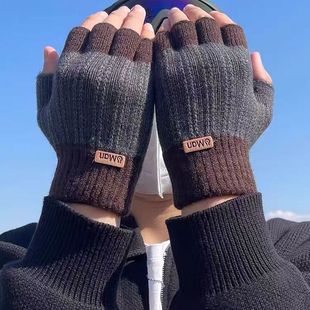 冬季半指手套男露指骑行加厚毛线漏指头学生写字针织保暖半截无指