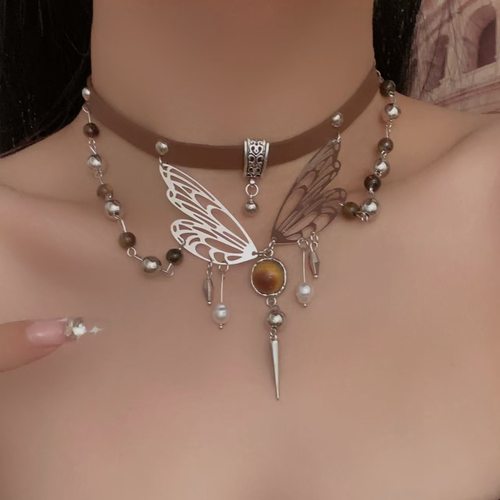 y2k重工蝴蝶皮革项链女甜酷辣妹轻奢锁骨链女美拉德配饰项圈颈链