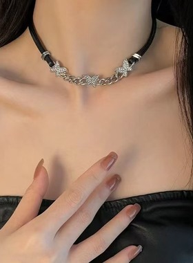 黑色choker蝴蝶皮革项链女锁骨链项圈甜酷脖颈链小众颈环辣妹