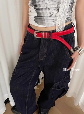 红色牛皮腰带女装饰配牛仔裤2024新款时尚设计感小众百搭皮带