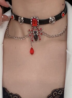 暗黑朋克风红色蜘蛛流苏项链小众个性辣妹百搭嘻哈甜酷高级感