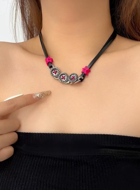 黑皮绳纽扣拼接项链女y2k辣妹高级感甜酷锁骨链个性时尚小众饰品