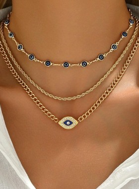 欧美跨境热销饰品夏季时尚独特设计感恶魔之眼项链三件套女式