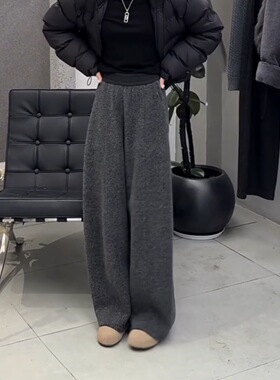 欧货高级感灰色毛呢加绒加厚松紧腰弯刀垂感运动休闲阔腿卫裤冬季