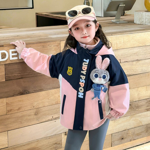 女童兔子警官卡通冲锋衣秋冬加厚夹棉防风保暖连帽三合一外套上衣