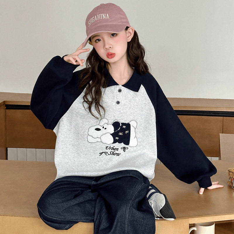 女童卫衣春秋款2026新款中大童POLO衫学院风上衣休闲宽松学生T恤