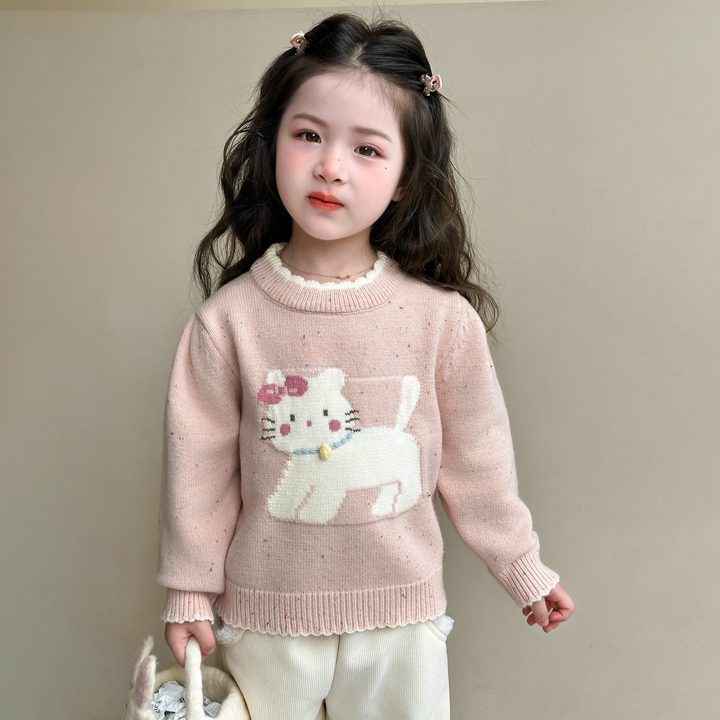 女童小猫毛衣粉色长袖针织衫女孩春秋甜美圆领长袖打底衫上衣外穿