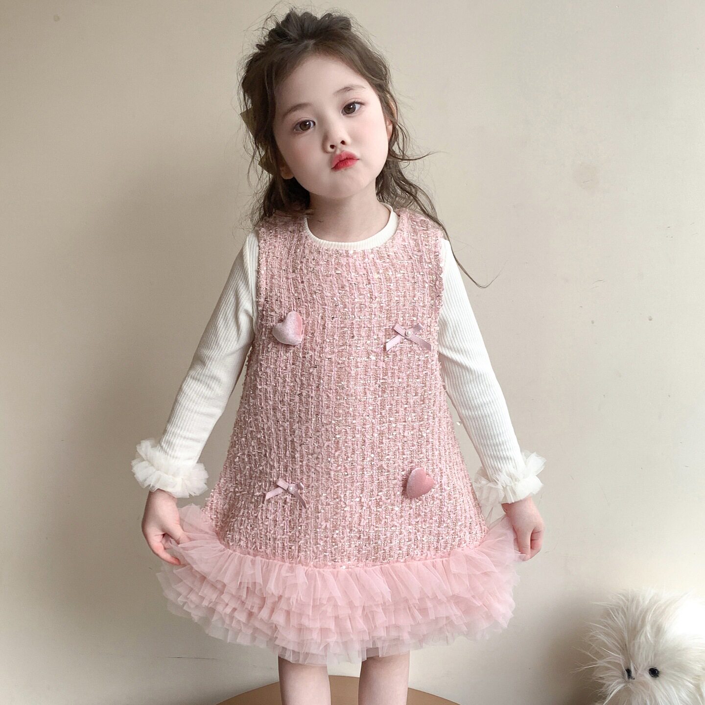 女童小香风粉色爱心连衣裙蛋糕裙网纱两件套甜美洋气公主裙背心裙