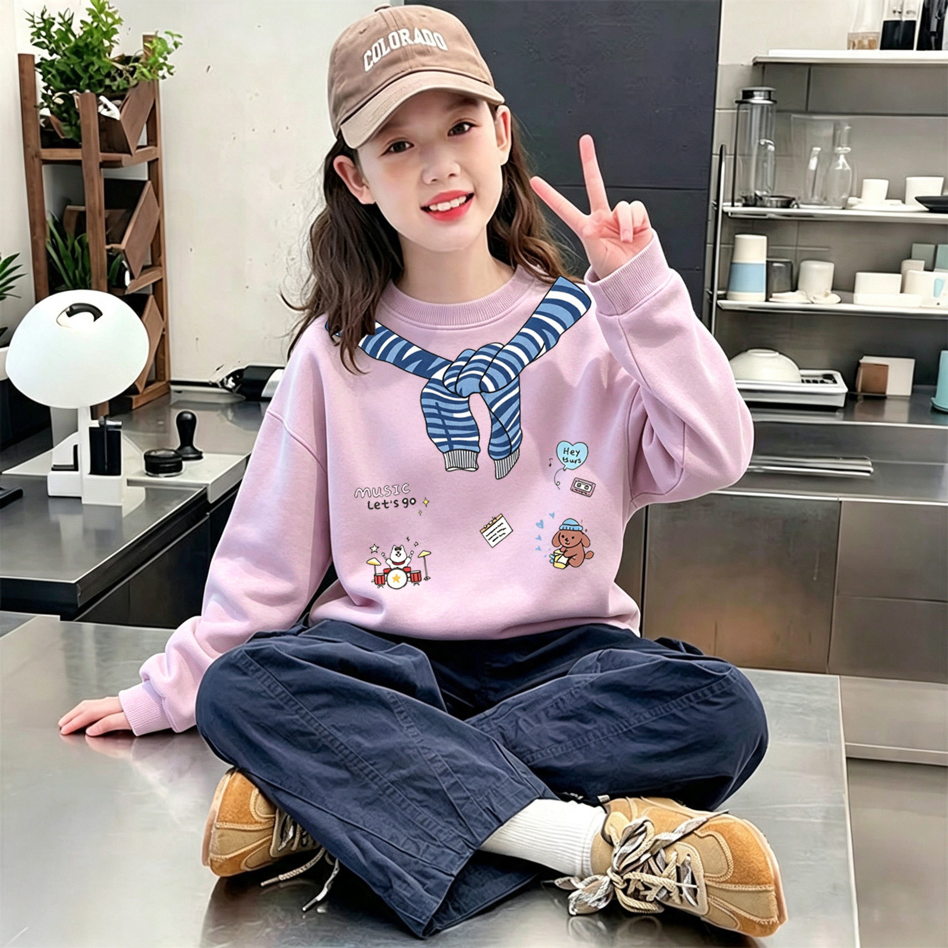 女童秋冬装新款卡通印花圆领卫衣