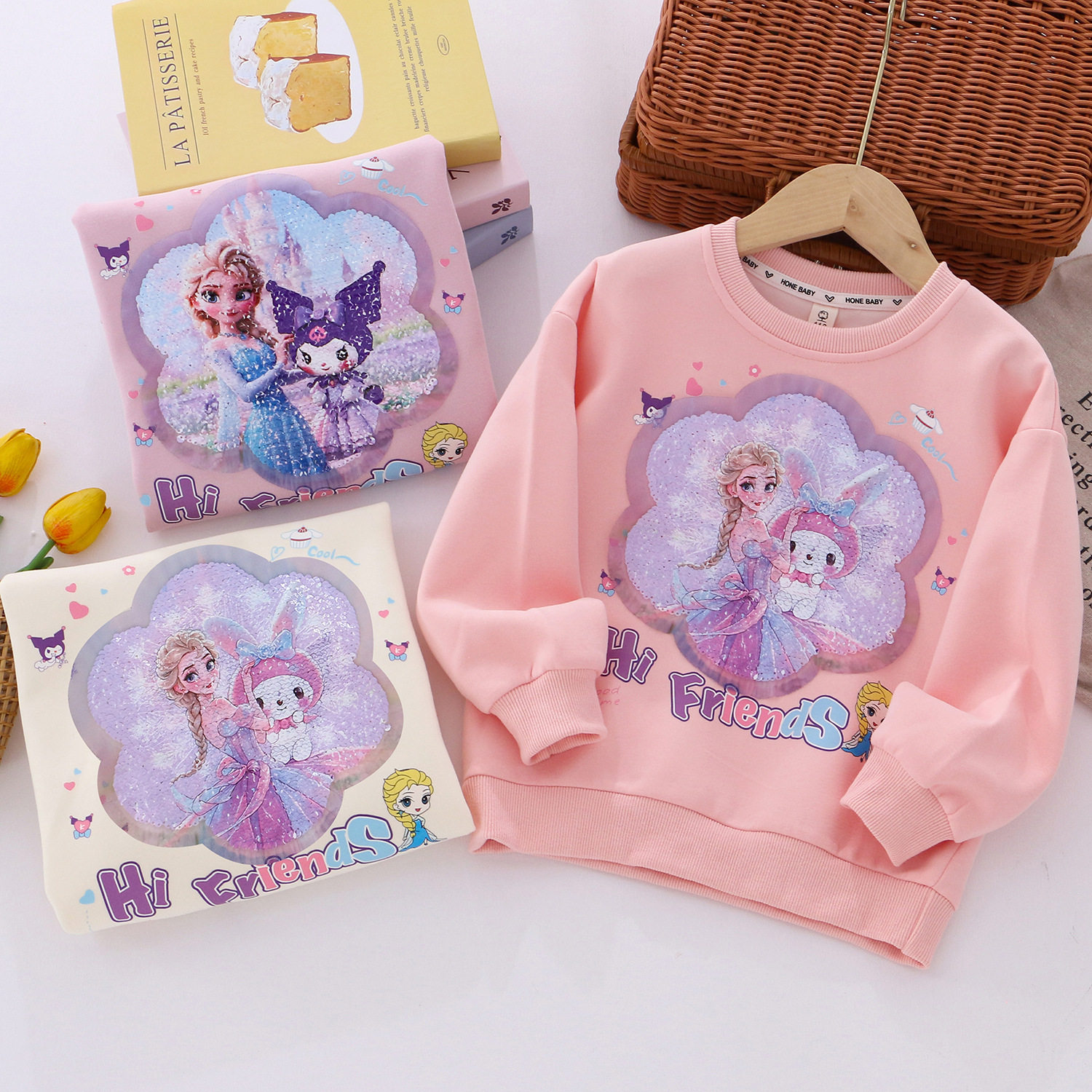 女童可爱兔卫衣爱莎2026春秋冬新款纯棉加绒亮片长袖套头T恤上衣6