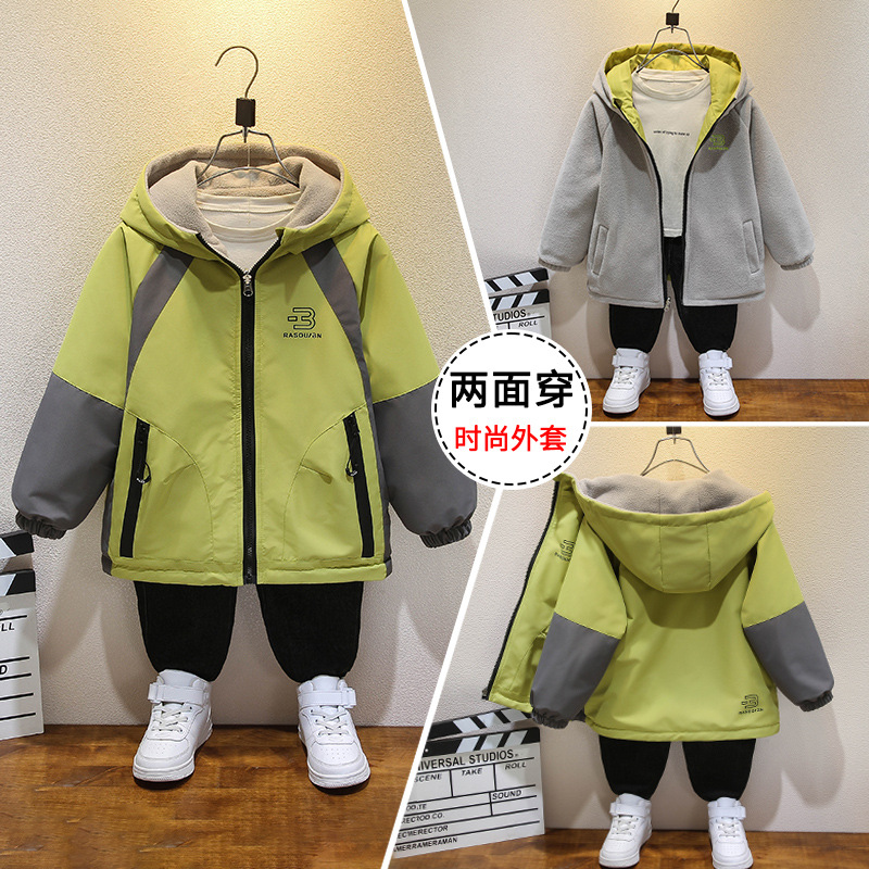男童冲锋衣秋冬款双面穿连帽外套