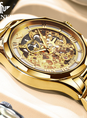 正品牌瑞士认证镂空手表男机械表男全自动商务纯名款式18k黄金色