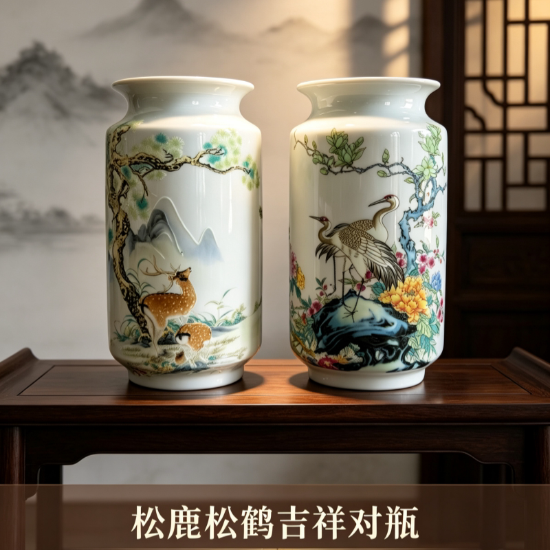 中式陶瓷吉祥对瓶水培花瓶摆件