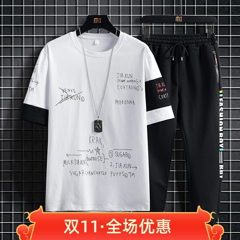 夏季青少年学生圆领短袖T恤套装印花潮男时尚帅气