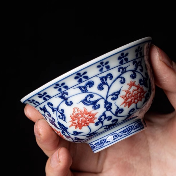 青花釉里红缠枝莲大小号压手杯陶瓷主人杯茶杯品茗杯功夫茶具高档