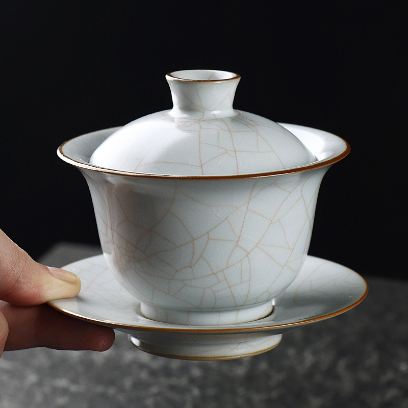 月白汝窑盖碗开片可养三才茶碗中号功夫泡茶杯茶器陶瓷景德镇茶具