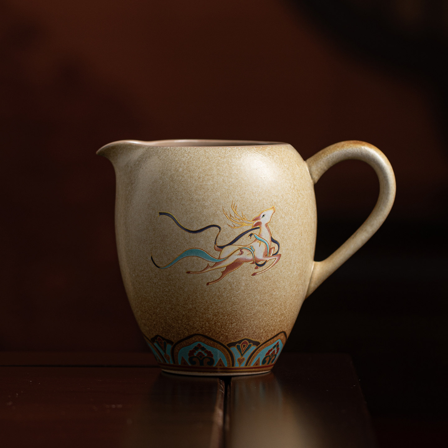 敦煌九色鹿粗陶带把公道杯茶海图片